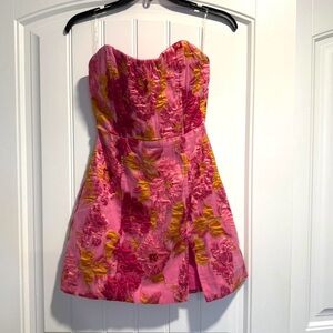 Showpo Pink and Yellow Strapless Floral Mini Dress